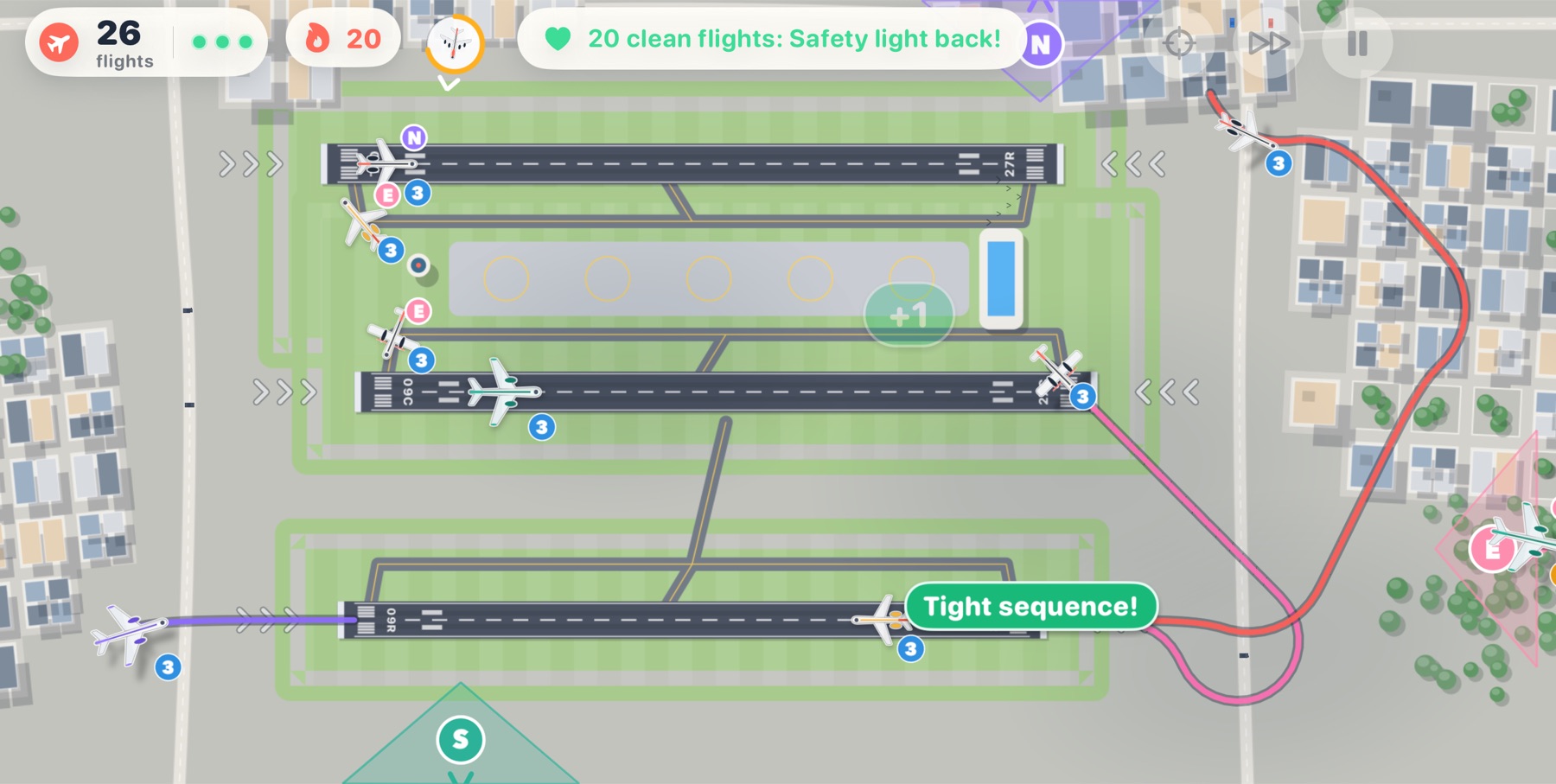 A busy three-runway airport with many planes on drawn paths